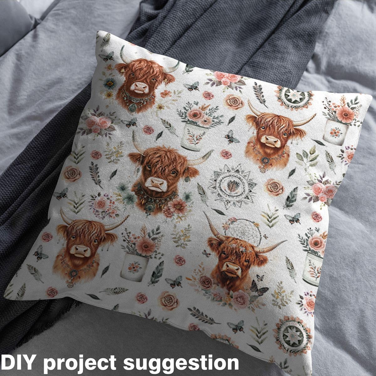 Highland Cow Fabric by The Yard Retro Pink Rose Mandala Fabrics for Sewing Supplies Boho Feather Animal Butterfly Fabric DIY Soft Polyester No Stretch 1 Yard,36" L x 59" W