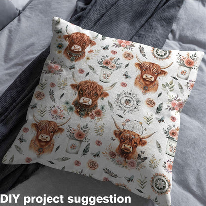 Highland Cow Fabric by The Yard Retro Pink Rose Mandala Fabrics for Sewing Supplies Boho Feather Animal Butterfly Fabric DIY Soft Polyester No Stretch 1 Yard,36" L x 59" W
