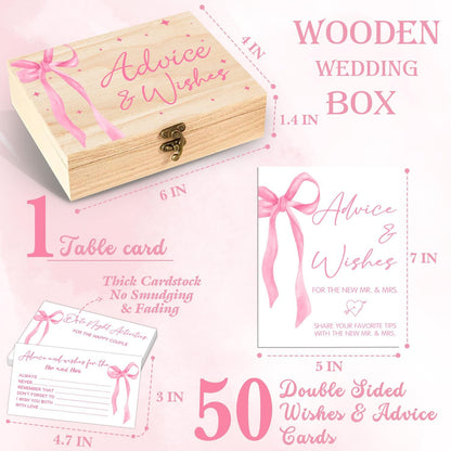 Advice And Wishes For The Mr And Mrs - 50 Pcs Pink Bow Wedding Advice Cards Box, Advices And Wishes Cards For Bride And Groom, Pink Bow Wedding Bridal Shower Decorations
