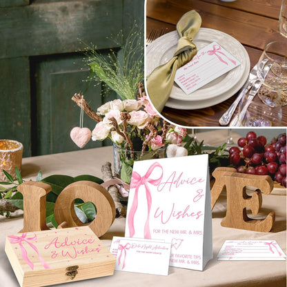 Advice And Wishes For The Mr And Mrs - 50 Pcs Pink Bow Wedding Advice Cards Box, Advices And Wishes Cards For Bride And Groom, Pink Bow Wedding Bridal Shower Decorations