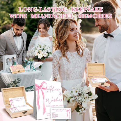 Advice And Wishes For The Mr And Mrs - 50 Pcs Pink Bow Wedding Advice Cards Box, Advices And Wishes Cards For Bride And Groom, Pink Bow Wedding Bridal Shower Decorations