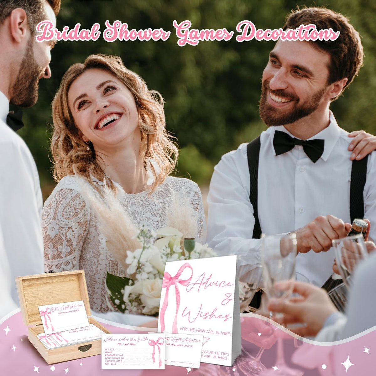 Advice And Wishes For The Mr And Mrs - 50 Pcs Pink Bow Wedding Advice Cards Box, Advices And Wishes Cards For Bride And Groom, Pink Bow Wedding Bridal Shower Decorations