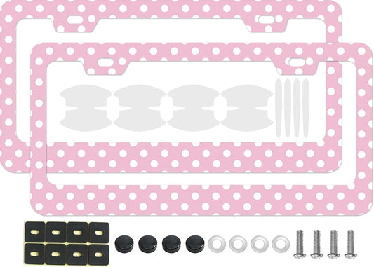 Pink Polka Dot License Plate Frame, 2 Pcs Classic White Dots Pattern Decorative Car Tag Holder, Cute Retro Style Metal Plate Covers for Women Girls with Car Door Handle Bow Films