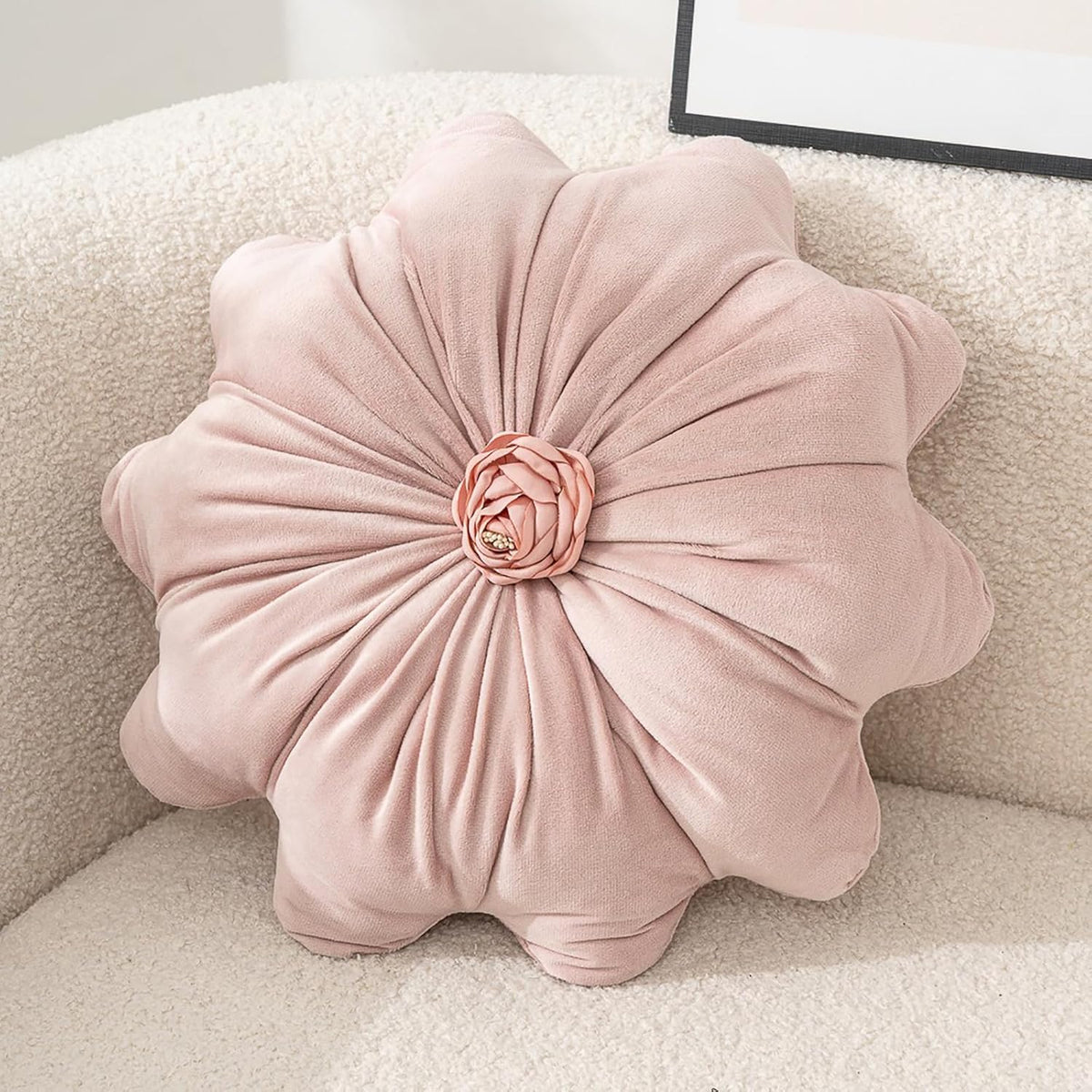 Velvet Round Pillow - Soft and Cozy Luxury Pillow for Stylish Living Environment (A-Flower Pink)
