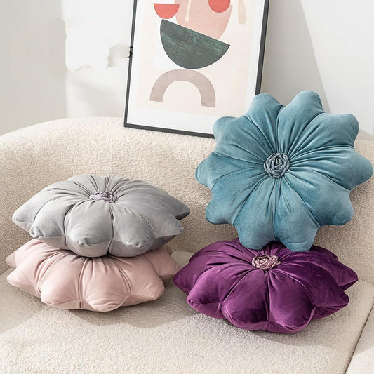 Velvet Round Pillow - Soft and Cozy Luxury Pillow for Stylish Living Environment (A-Flower Pink)