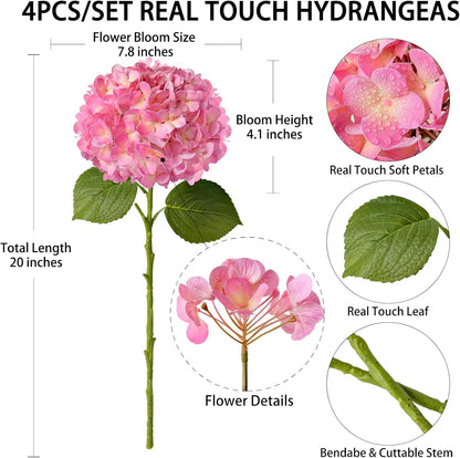4 Pcs 20'' Real Touch Hydrangeas Pink Artificial Hydrangeas Flowers Faux Latex Lifelike Hydrangea for Kitchen Living Room Porch Home Decor Baby Shower Party Wedding Table Centerpiece