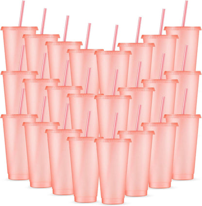 24 Pcs 24 oz Reusable Cups with Lids and Straws, Light Pink