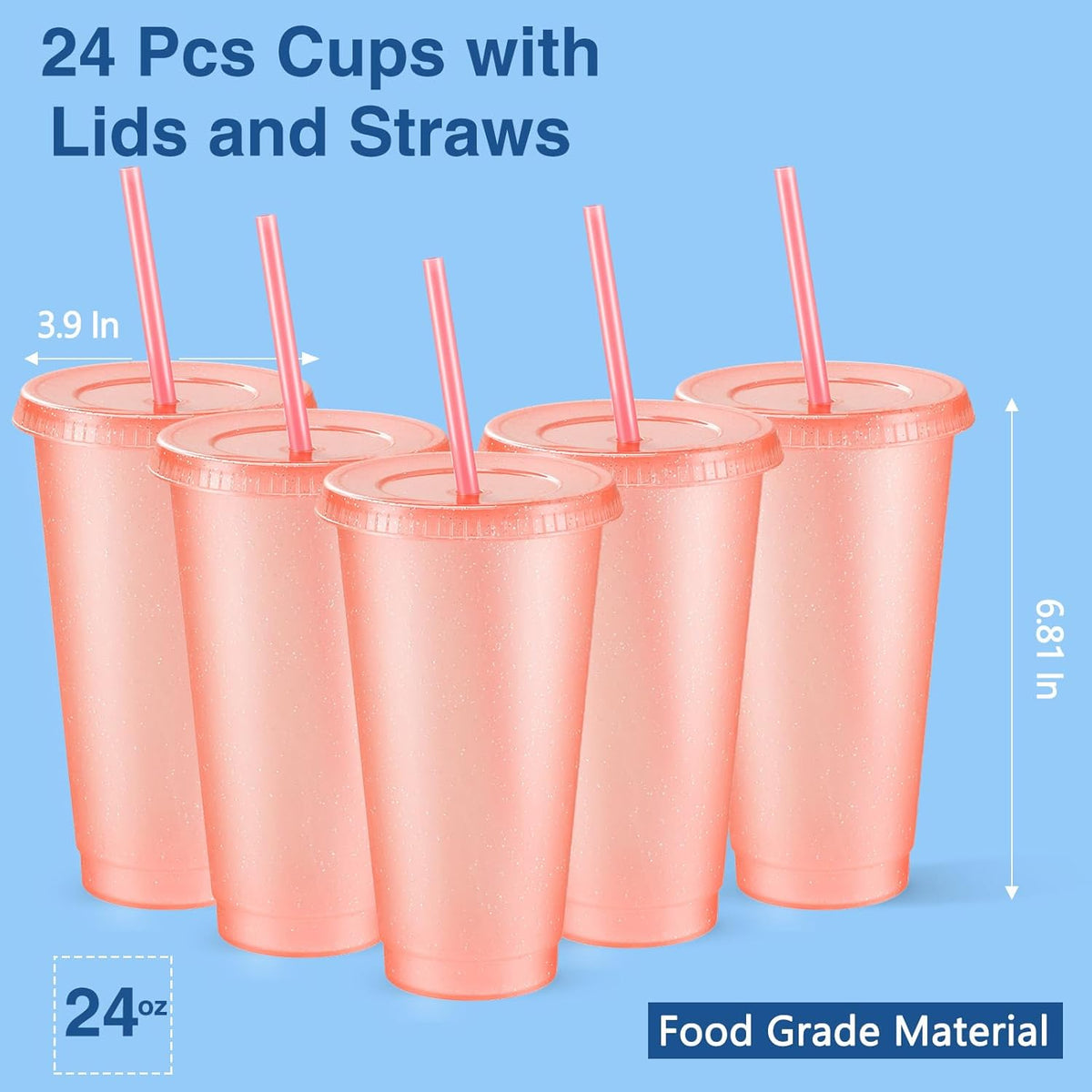 24 Pcs 24 oz Reusable Cups with Lids and Straws, Light Pink