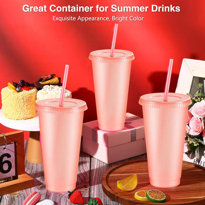 24 Pcs 24 oz Reusable Cups with Lids and Straws, Light Pink