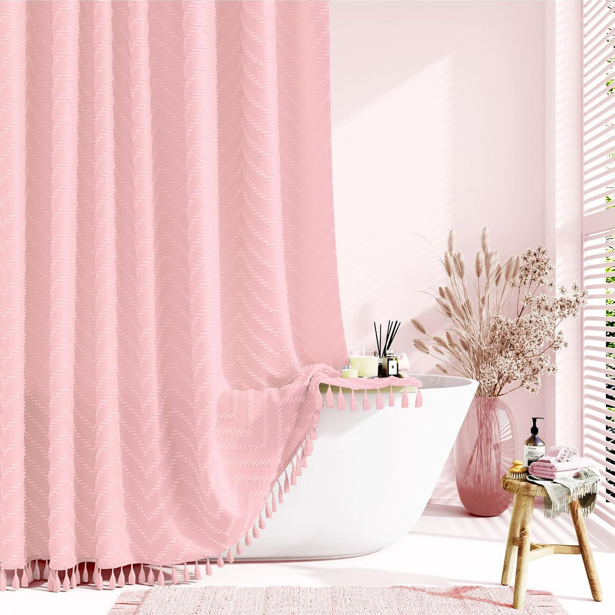 Boho Farmhouse Fabric Shower Curtain Tufted Chevron 72"x72" Pink