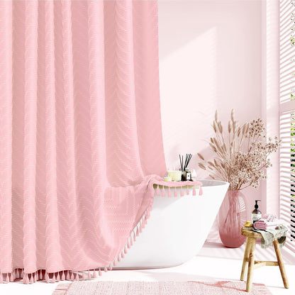 Boho Farmhouse Fabric Shower Curtain Tufted Chevron 72"x72" Pink