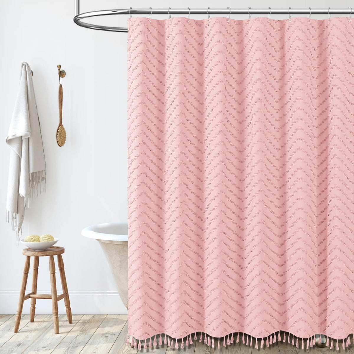 Boho Farmhouse Fabric Shower Curtain Tufted Chevron 72"x72" Pink