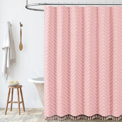 Boho Farmhouse Fabric Shower Curtain Tufted Chevron 72"x72" Pink