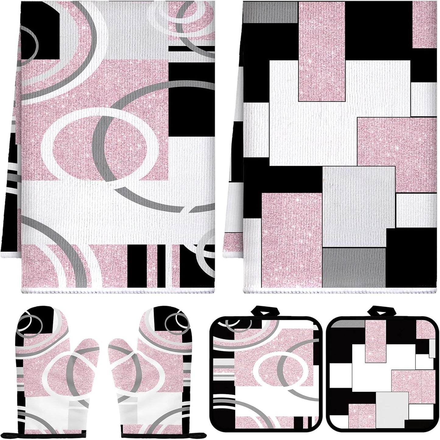 6 Pcs Kitchen Decor Set Accessory Farmhouse Kitchen Towels Pot Holders Oven Mitts Set 2 Dish Towels 2 Pot Holders 2 Cooking Mittens Oven Glove for Cooking (Pink, White, Black,Geometric)