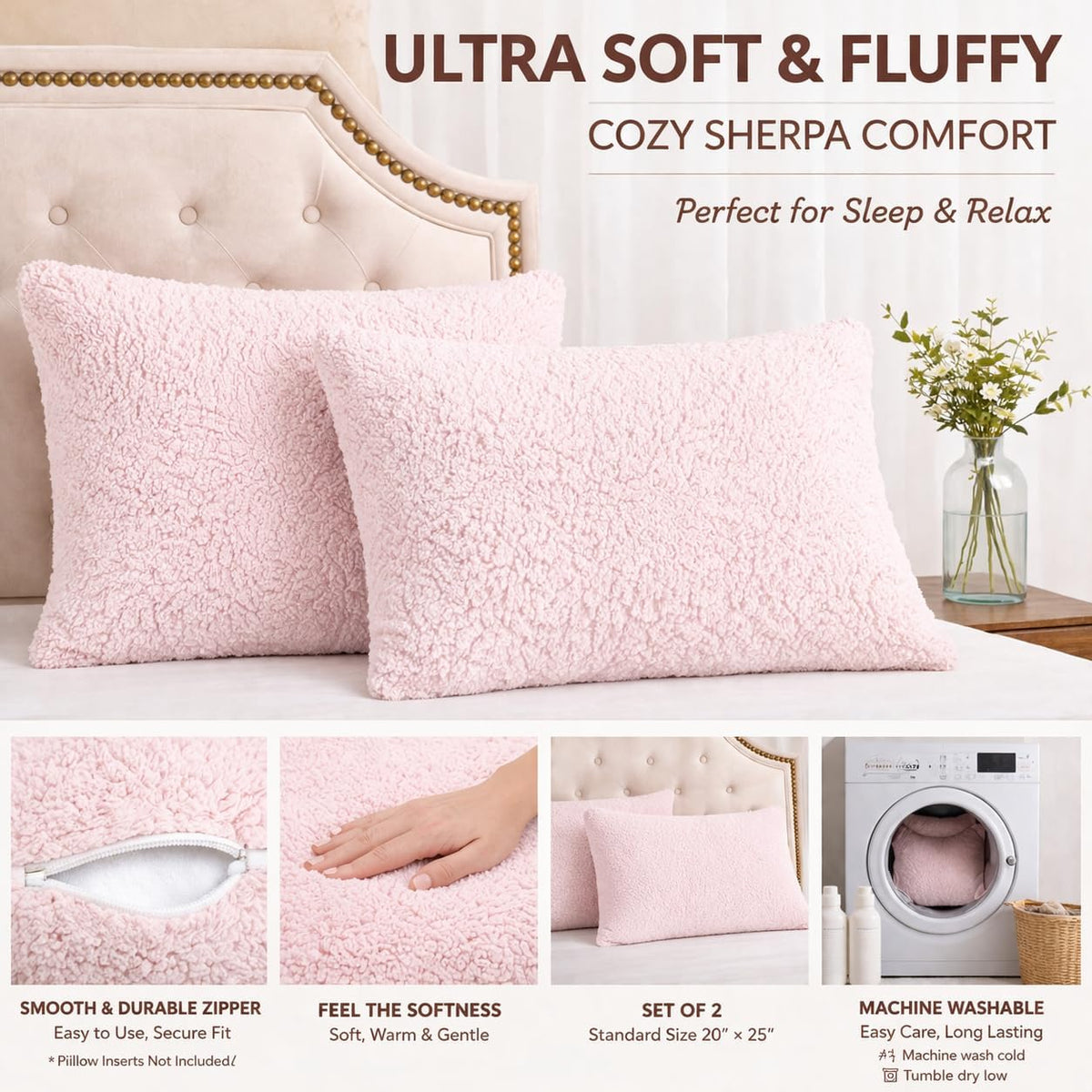 Sherpa Pillowcases Set of 2, 20"x26", Zipper Closure (Pink)
