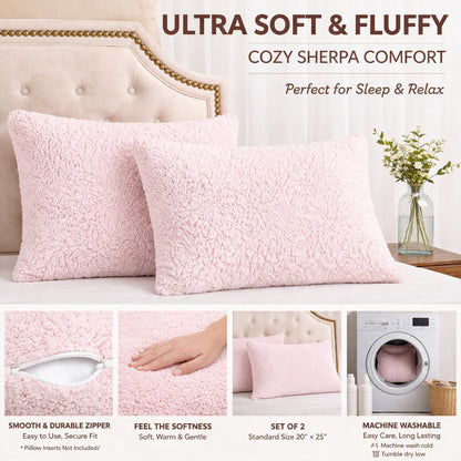 Sherpa Pillowcases Set of 2, 20"x26", Zipper Closure (Pink)
