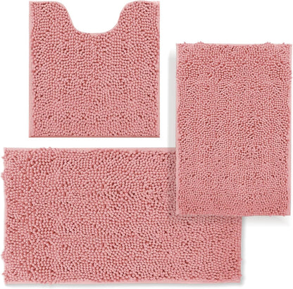 Bathroom Rugs Sets 3 Piece,Bath Mats for Bathroom Non Slip, Thick Chenille Bath Rug,Soft and Absorbent Shaggy Bathroom Mat Set, Machine Wash & Quick Dry Durable Carpet for Bath,Kitchen,Pink