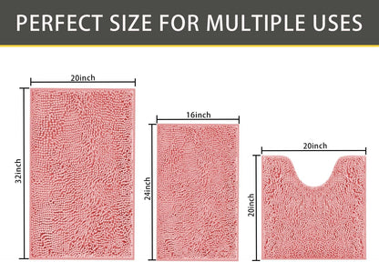 Bathroom Rugs Sets 3 Piece,Bath Mats for Bathroom Non Slip, Thick Chenille Bath Rug,Soft and Absorbent Shaggy Bathroom Mat Set, Machine Wash & Quick Dry Durable Carpet for Bath,Kitchen,Pink