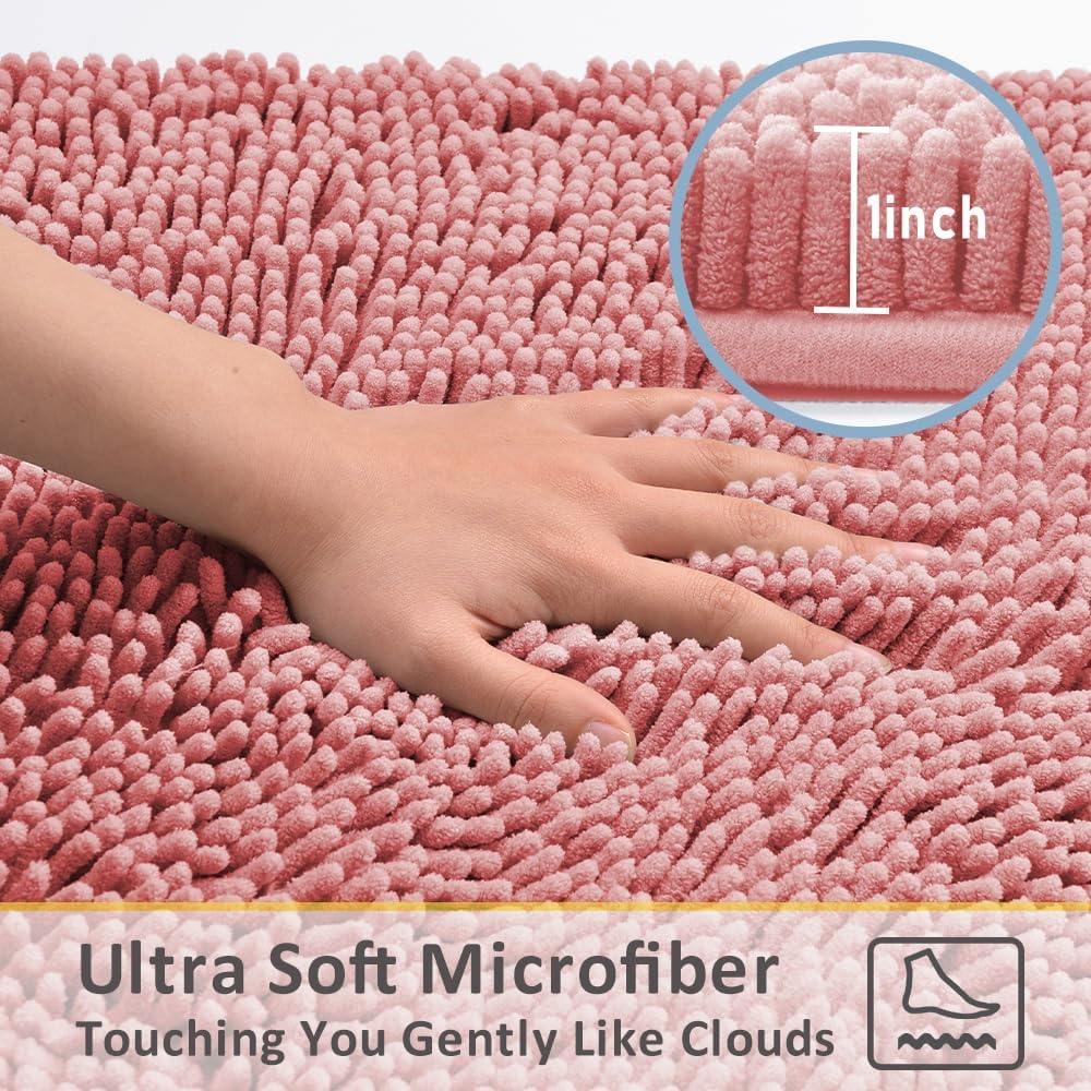 Bathroom Rugs Sets 3 Piece,Bath Mats for Bathroom Non Slip, Thick Chenille Bath Rug,Soft and Absorbent Shaggy Bathroom Mat Set, Machine Wash & Quick Dry Durable Carpet for Bath,Kitchen,Pink