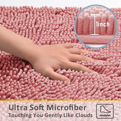 Bathroom Rugs Sets 3 Piece,Bath Mats for Bathroom Non Slip, Thick Chenille Bath Rug,Soft and Absorbent Shaggy Bathroom Mat Set, Machine Wash & Quick Dry Durable Carpet for Bath,Kitchen,Pink