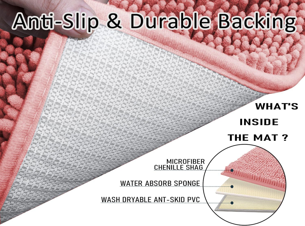 Bathroom Rugs Sets 3 Piece,Bath Mats for Bathroom Non Slip, Thick Chenille Bath Rug,Soft and Absorbent Shaggy Bathroom Mat Set, Machine Wash & Quick Dry Durable Carpet for Bath,Kitchen,Pink