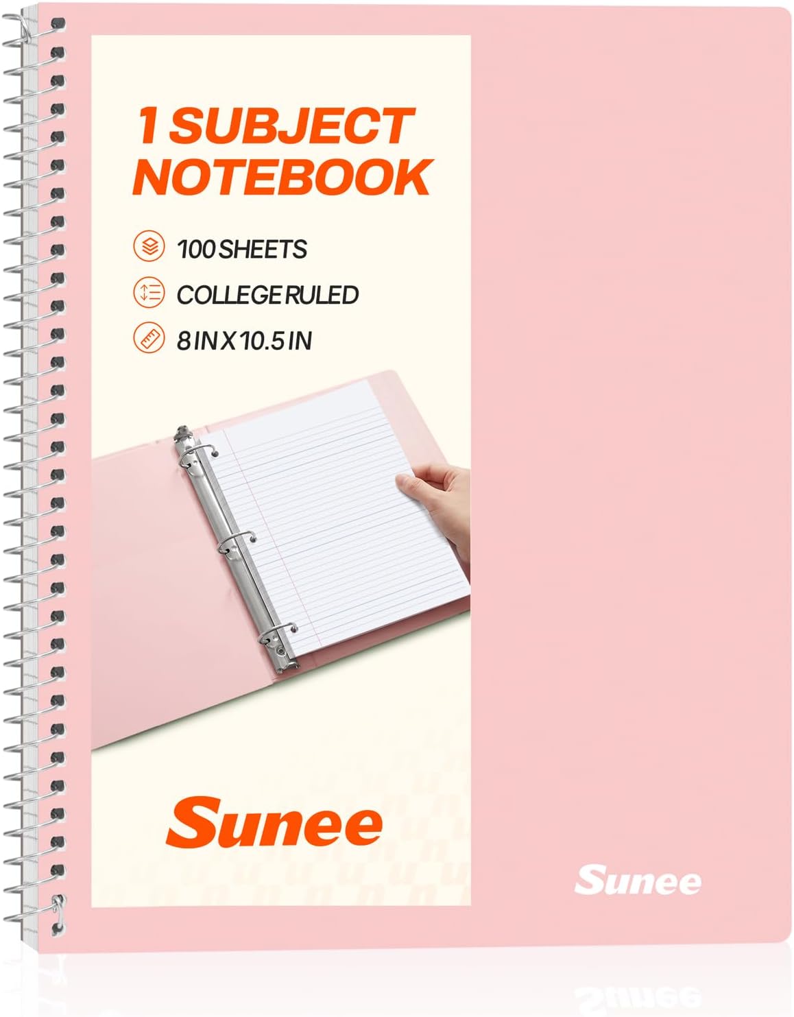Spiral Notebook, 1-Subject, College Ruled Paper, 8" x 10-1/2", 100 Sheets per Notebook, 3-Hole Punched Paper, Water Resistant Cover, Double-sided Pockets, Spiral Lined Notebooks for Work, Pink