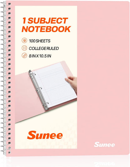 Spiral Notebook, 1-Subject, College Ruled Paper, 8" x 10-1/2", 100 Sheets per Notebook, 3-Hole Punched Paper, Water Resistant Cover, Double-sided Pockets, Spiral Lined Notebooks for Work, Pink