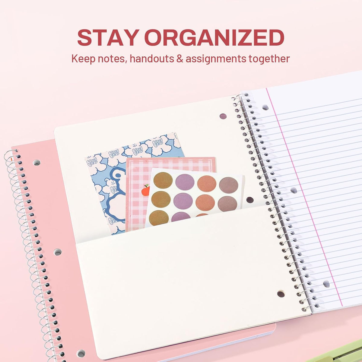 Spiral Notebook, 1-Subject, College Ruled Paper, 8" x 10-1/2", 100 Sheets per Notebook, 3-Hole Punched Paper, Water Resistant Cover, Double-sided Pockets, Spiral Lined Notebooks for Work, Pink