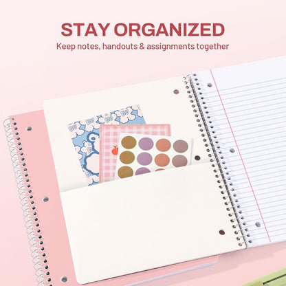 Spiral Notebook, 1-Subject, College Ruled Paper, 8" x 10-1/2", 100 Sheets per Notebook, 3-Hole Punched Paper, Water Resistant Cover, Double-sided Pockets, Spiral Lined Notebooks for Work, Pink