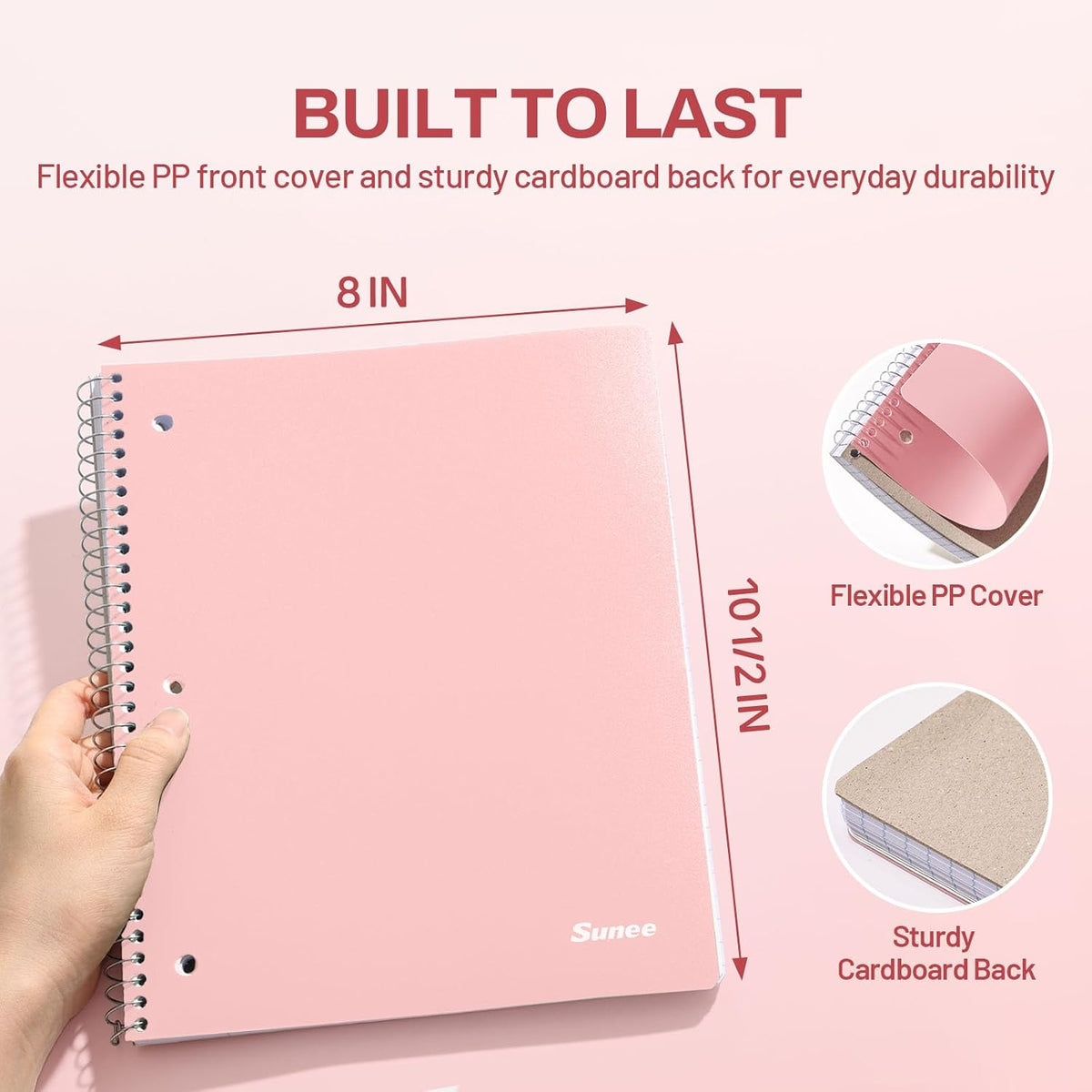 Spiral Notebook, 1-Subject, College Ruled Paper, 8" x 10-1/2", 100 Sheets per Notebook, 3-Hole Punched Paper, Water Resistant Cover, Double-sided Pockets, Spiral Lined Notebooks for Work, Pink