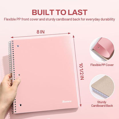 Spiral Notebook, 1-Subject, College Ruled Paper, 8" x 10-1/2", 100 Sheets per Notebook, 3-Hole Punched Paper, Water Resistant Cover, Double-sided Pockets, Spiral Lined Notebooks for Work, Pink
