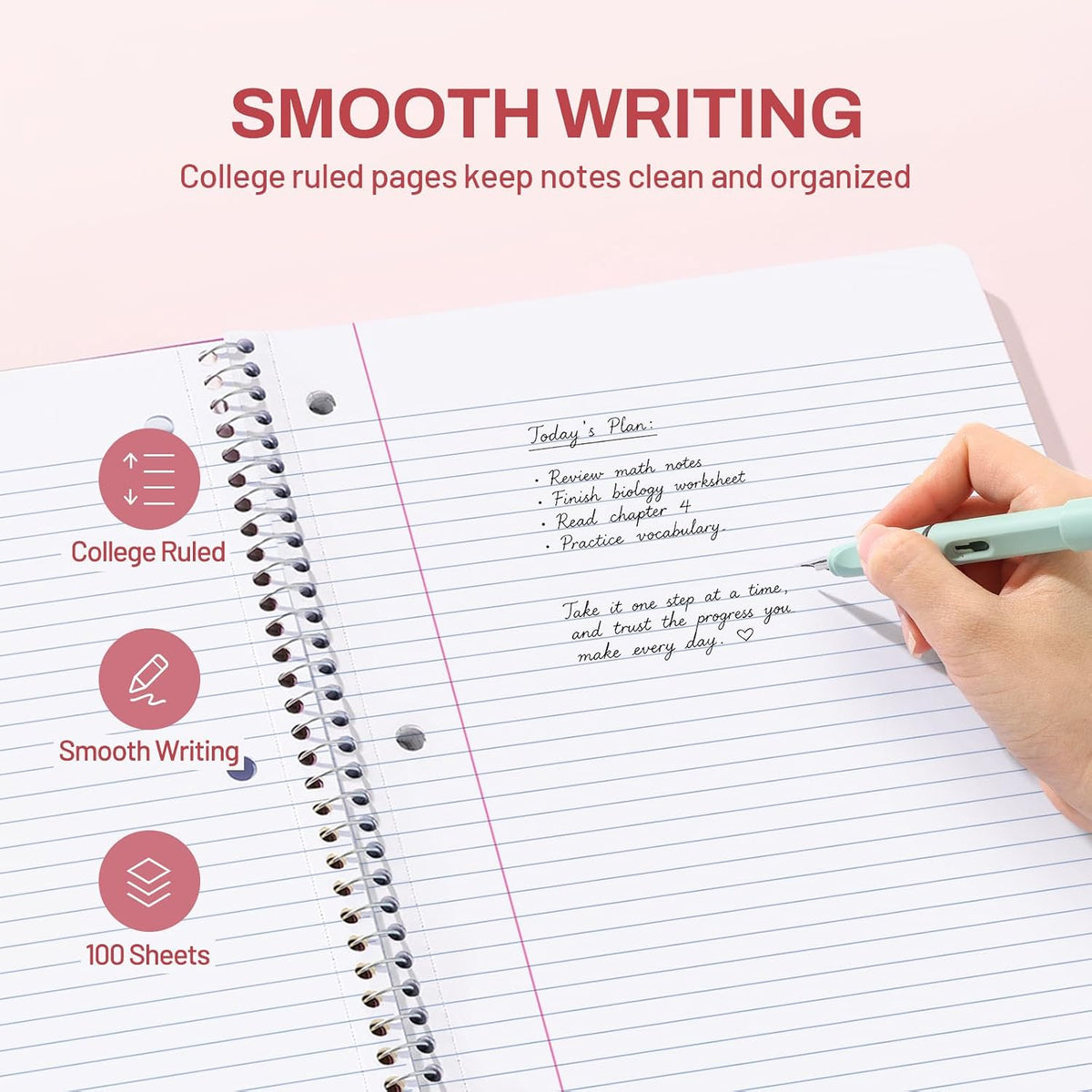 Spiral Notebook, 1-Subject, College Ruled Paper, 8" x 10-1/2", 100 Sheets per Notebook, 3-Hole Punched Paper, Water Resistant Cover, Double-sided Pockets, Spiral Lined Notebooks for Work, Pink
