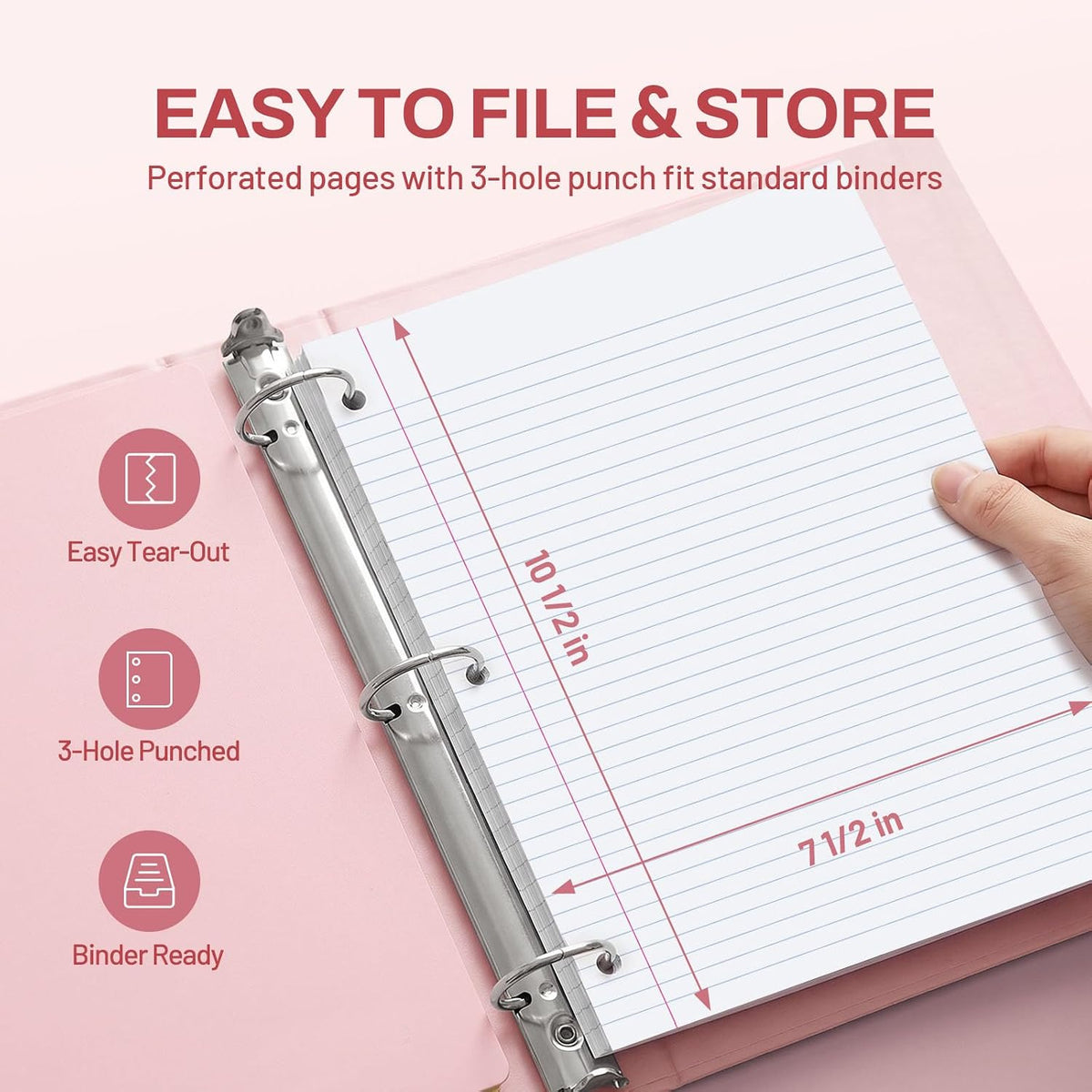 Spiral Notebook, 1-Subject, College Ruled Paper, 8" x 10-1/2", 100 Sheets per Notebook, 3-Hole Punched Paper, Water Resistant Cover, Double-sided Pockets, Spiral Lined Notebooks for Work, Pink