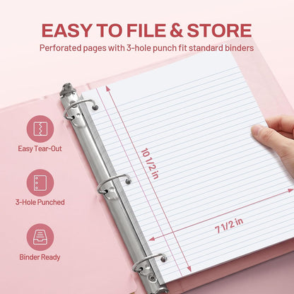 Spiral Notebook, 1-Subject, College Ruled Paper, 8" x 10-1/2", 100 Sheets per Notebook, 3-Hole Punched Paper, Water Resistant Cover, Double-sided Pockets, Spiral Lined Notebooks for Work, Pink