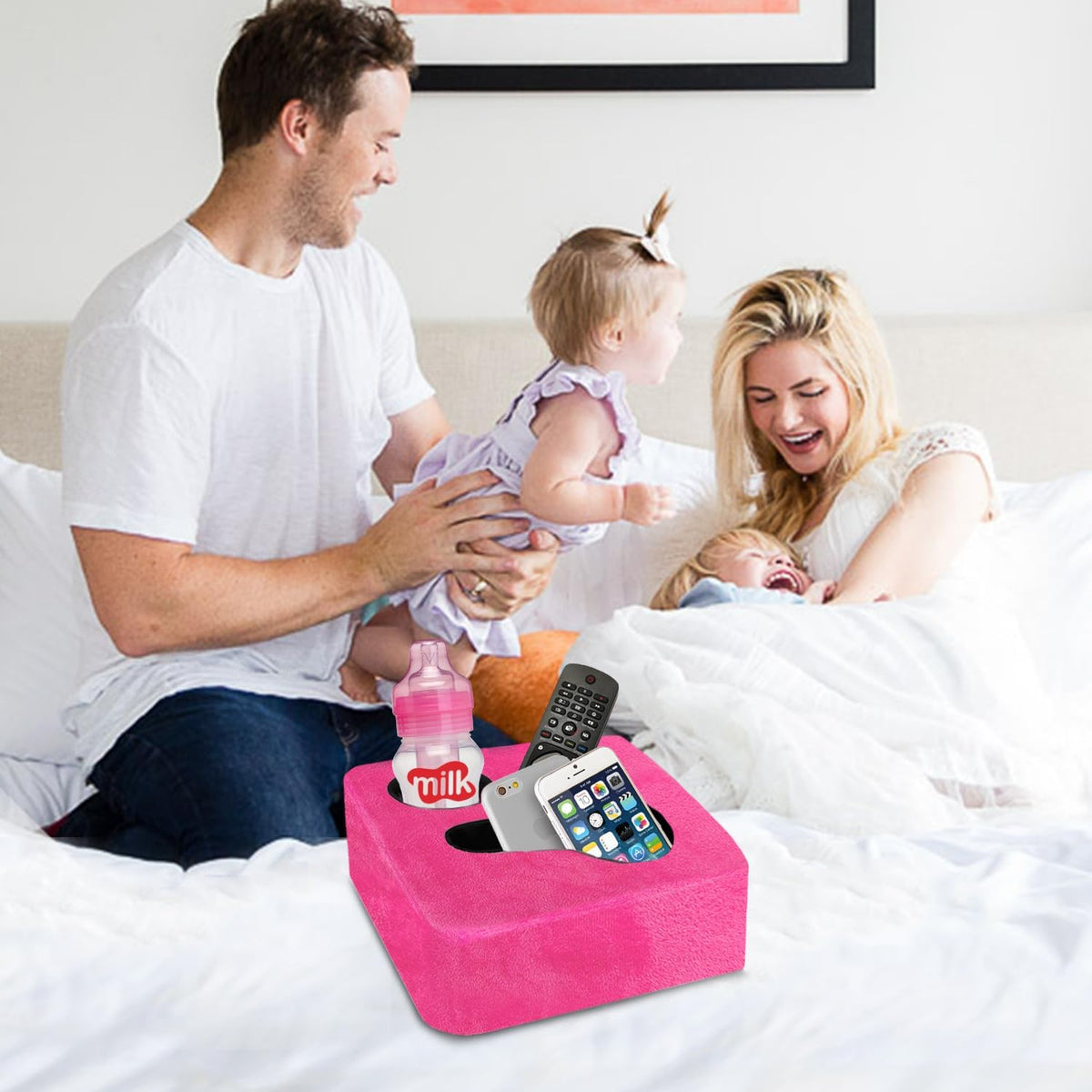 Couch Cup Holder Pillow Tray! Keep Drinks Hand Reach and KeepTemp, Prevent Spills and Use Anywhere. Cup Holder for Couch, Bed, Car, Courtyard, Park, Beach. Pink
