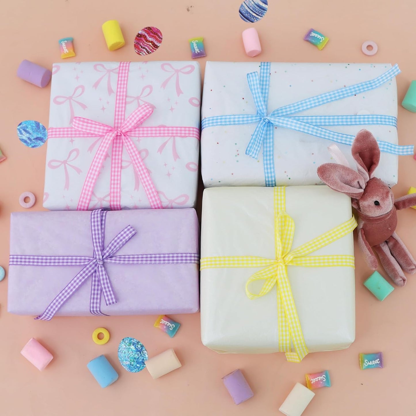 3/8 Inch Pastel Gingham Ribbon 4 Rolls 40 Yards Pink/Blue/Yellow/Purple Easter Spring Plaid Checkered Ribbon for Gift Wrapping Bows Making Crafts Baby Shower Birthday Easter Decor（10Yd/Roll