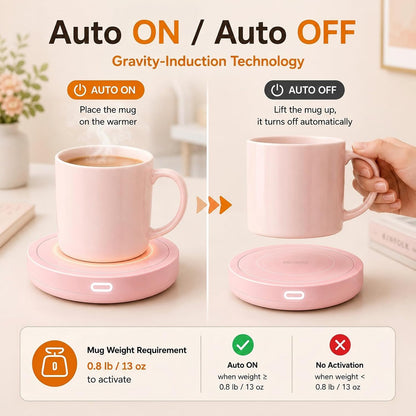 Smart Coffee Warmer, Auto On/Off Gravity-Induction Mug Warmer for Office Desk Use, Candle Wax Cup Warmer Heating Plate (Up to 131F/55C) (Pink)
