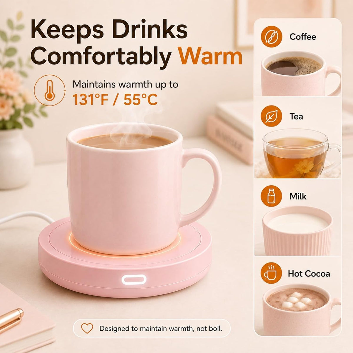 Smart Coffee Warmer, Auto On/Off Gravity-Induction Mug Warmer for Office Desk Use, Candle Wax Cup Warmer Heating Plate (Up to 131F/55C) (Pink)