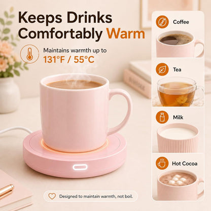 Smart Coffee Warmer, Auto On/Off Gravity-Induction Mug Warmer for Office Desk Use, Candle Wax Cup Warmer Heating Plate (Up to 131F/55C) (Pink)