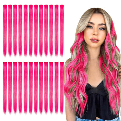 24PCS Pink Clip in Hair Extensions for Girls 20Inch Rainbow Straight Synthetic Hairpieces for Girls Party Highlights Pink Hair Accessories Halloween Gifts for Women Easter Gifts