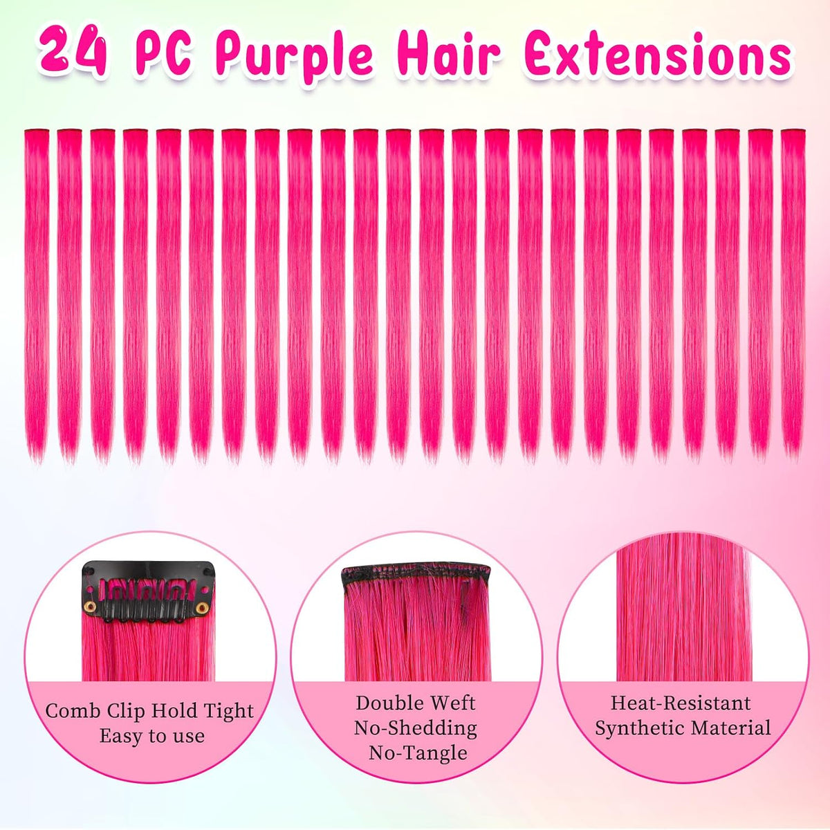 24PCS Pink Clip in Hair Extensions for Girls 20Inch Rainbow Straight Synthetic Hairpieces for Girls Party Highlights Pink Hair Accessories Halloween Gifts for Women Easter Gifts