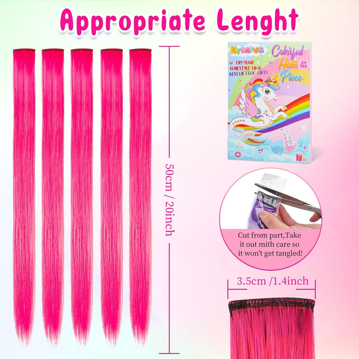 24PCS Pink Clip in Hair Extensions for Girls 20Inch Rainbow Straight Synthetic Hairpieces for Girls Party Highlights Pink Hair Accessories Halloween Gifts for Women Easter Gifts