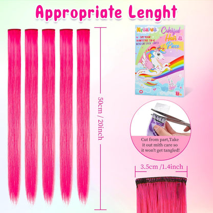 24PCS Pink Clip in Hair Extensions for Girls 20Inch Rainbow Straight Synthetic Hairpieces for Girls Party Highlights Pink Hair Accessories Halloween Gifts for Women Easter Gifts