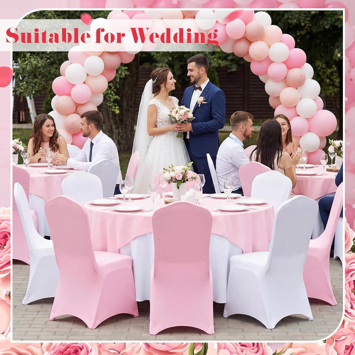 12 Pcs Pink and White Folding Chair Covers for Party Decoration