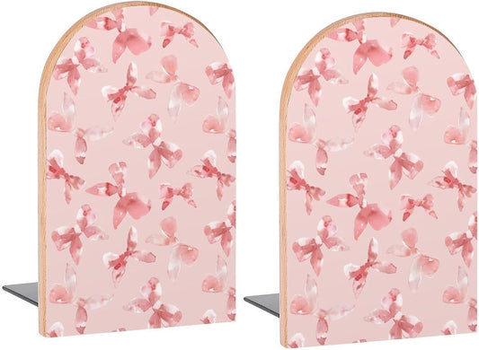 Light Pink Bows Pattern Book Ends Decorative Wood Bookends for Shelves Kids Room Desk Home Office Book Stoppers for Magazines,Books, DVDs, 1 Pair/2 Pieces(5x3.1 in)