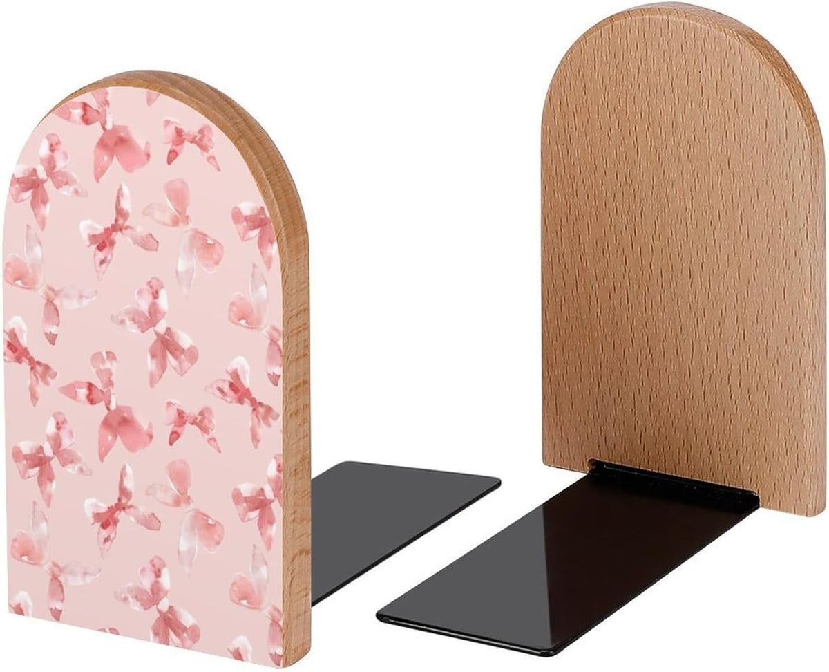 Light Pink Bows Pattern Book Ends Decorative Wood Bookends for Shelves Kids Room Desk Home Office Book Stoppers for Magazines,Books, DVDs, 1 Pair/2 Pieces(5x3.1 in)