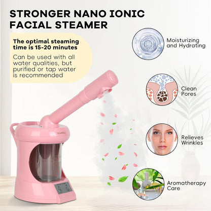 Facial Steamer Nano Ionic Face Steamer with Extendable Arm, Portable Face Steamer for Facial Deep Cleaning, Steamer for Facial for Personal Care at Home or Salon（Pink）