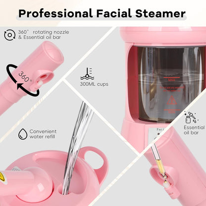 Facial Steamer Nano Ionic Face Steamer with Extendable Arm, Portable Face Steamer for Facial Deep Cleaning, Steamer for Facial for Personal Care at Home or Salon（Pink）