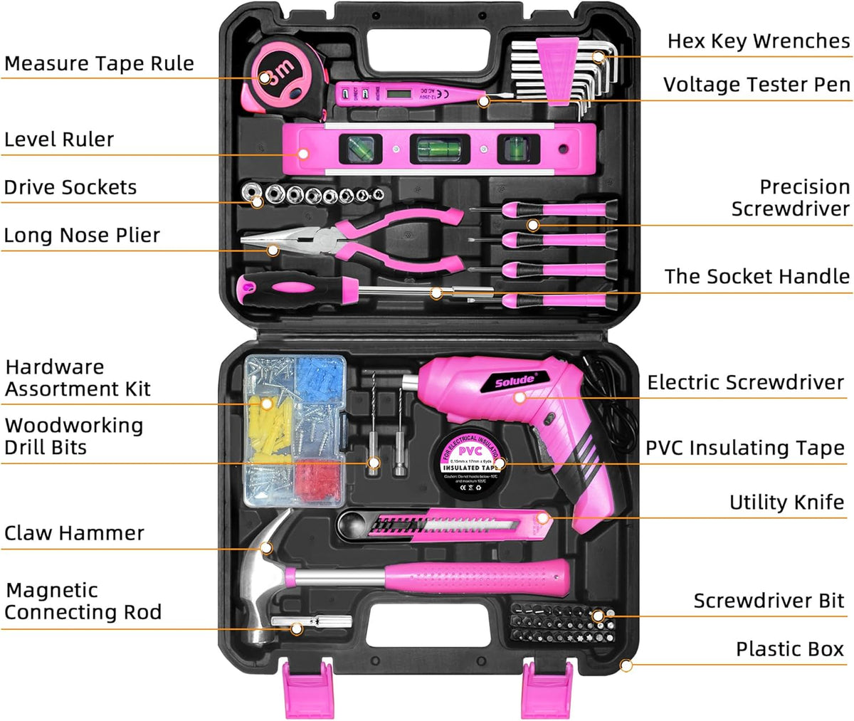 Pink Tool Set for Women,130 Piece Home Tool Kit for Women with 3.6V Cordless Rechargeable Screwdriver,Basic Household Tool Kit Set for New Home,Apartment,College Dorm & DIY Projects