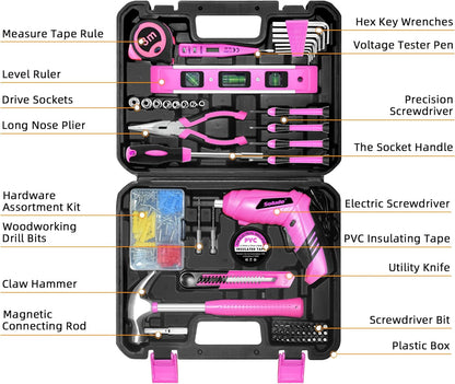 Pink Tool Set for Women,130 Piece Home Tool Kit for Women with 3.6V Cordless Rechargeable Screwdriver,Basic Household Tool Kit Set for New Home,Apartment,College Dorm & DIY Projects